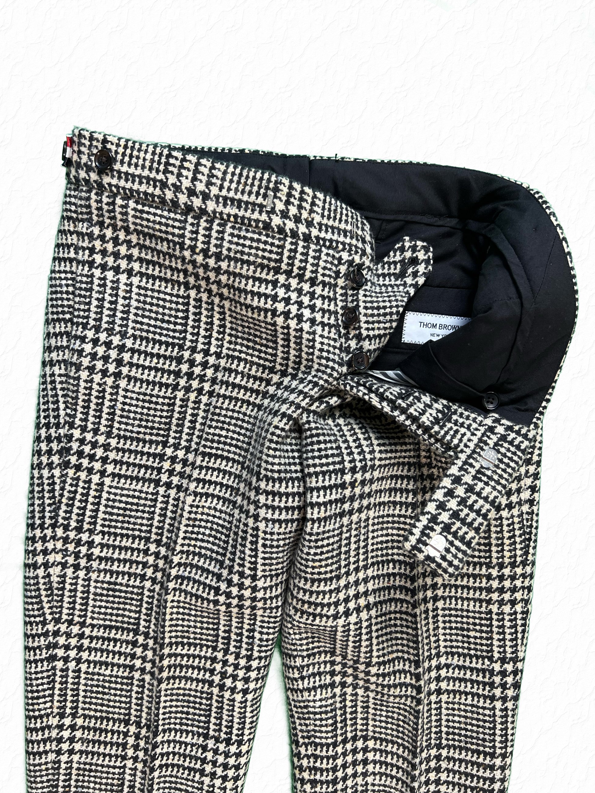 Glen Plaid Wool Tweed Trousers with Red White Blue Grosgrain Adjusters Thom Browne