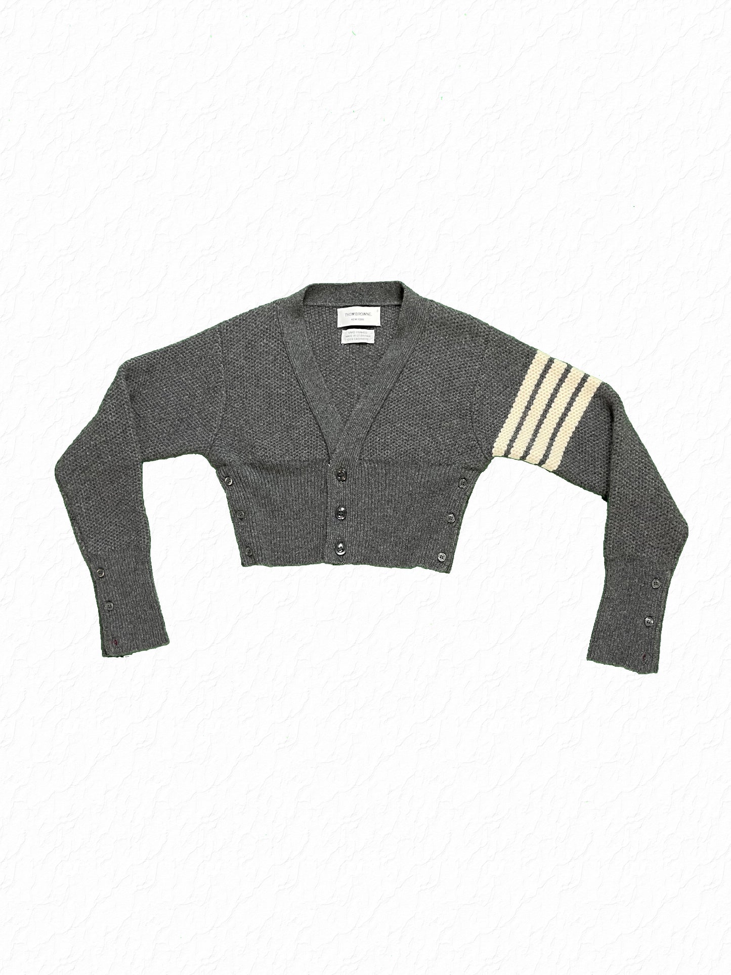 Four-Bar White Stripe Sleeve Thom Browne Cropped Cardigan Grey