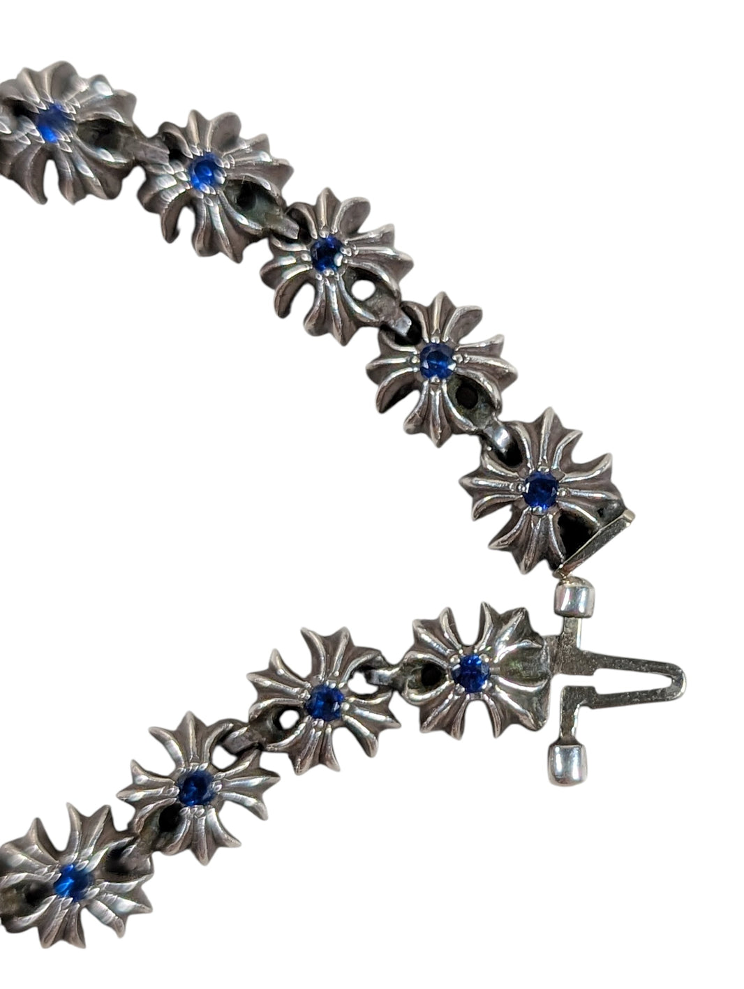 chrome hearts tiny ch plus bracelet close up sterling silver 925 blue sapphire gemstone detail