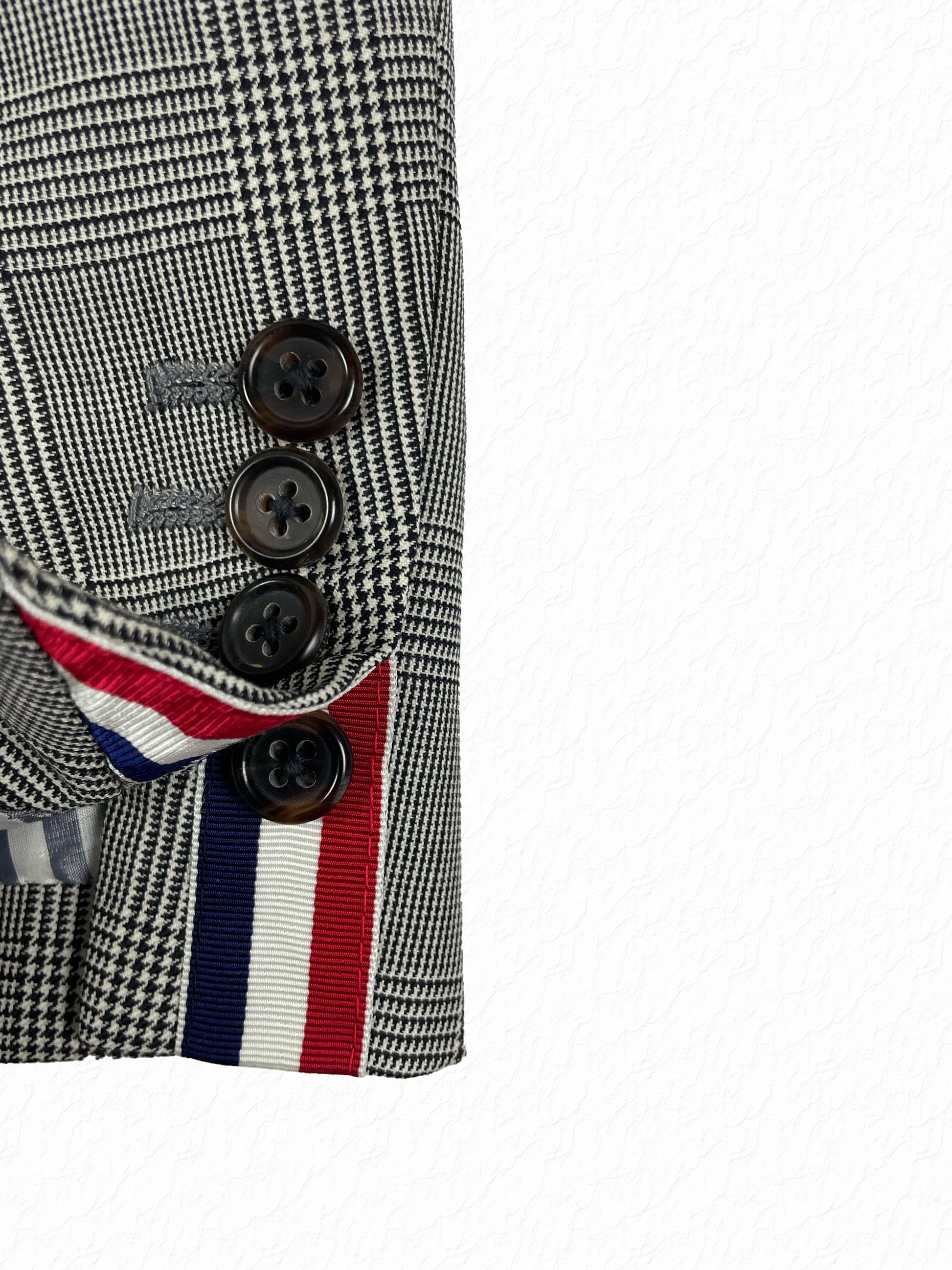 Glen plaid wool blazer with RWB grosgrain tab by Thom Browne