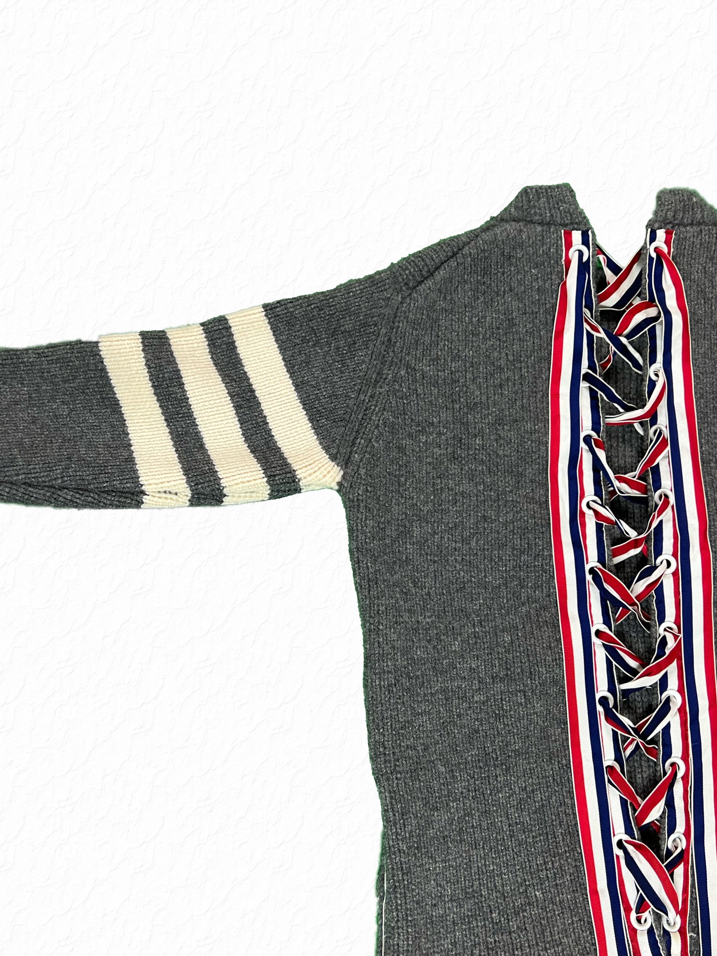 Grey cashmere 3-bar stripe crewneck sweater by Thom Browne