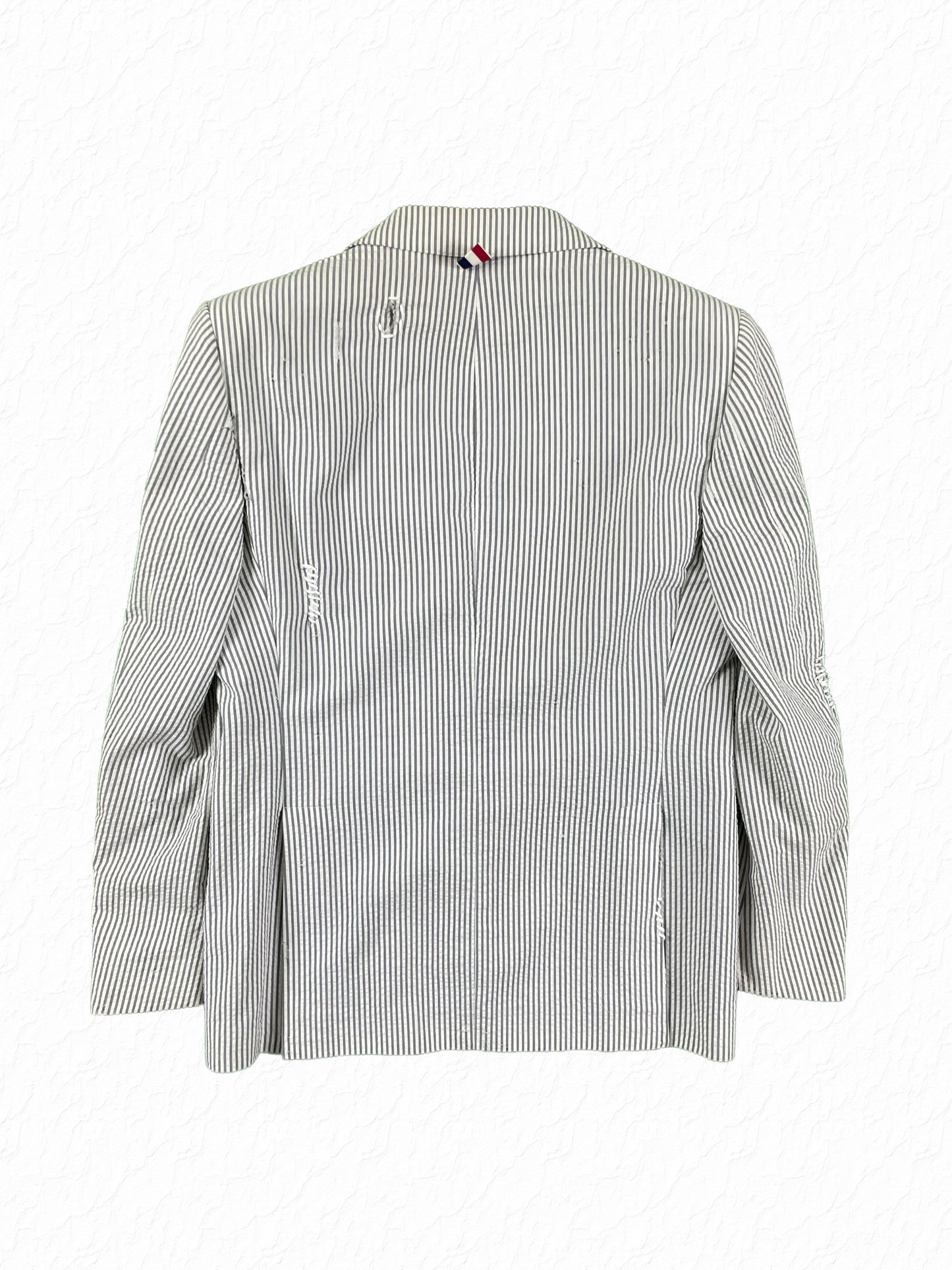 Grey stripe cotton seersucker Thom Browne tailored sport coat