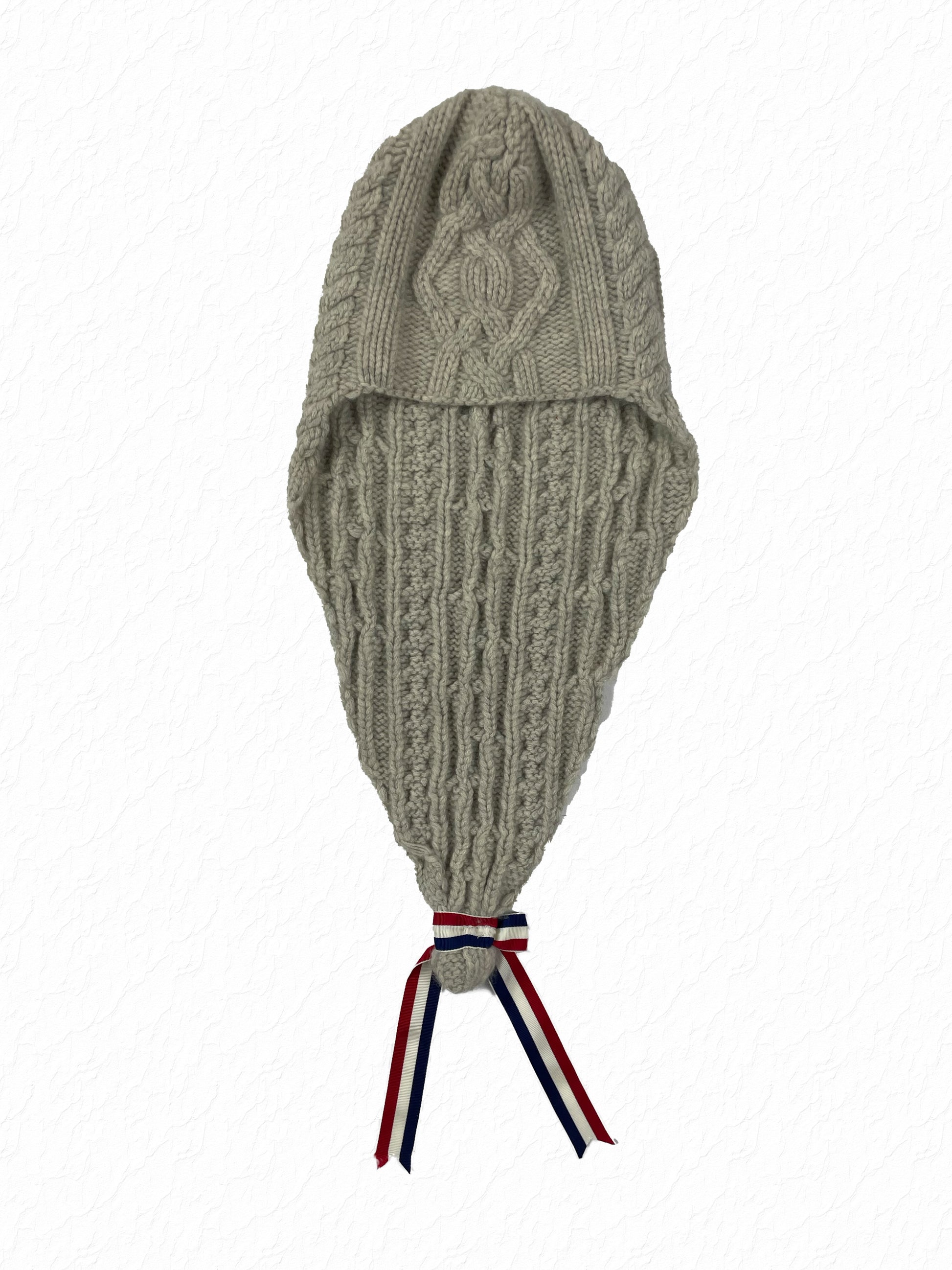 Thom Browne George Washington grey cable knit cap with RWB grosgrain knot tail