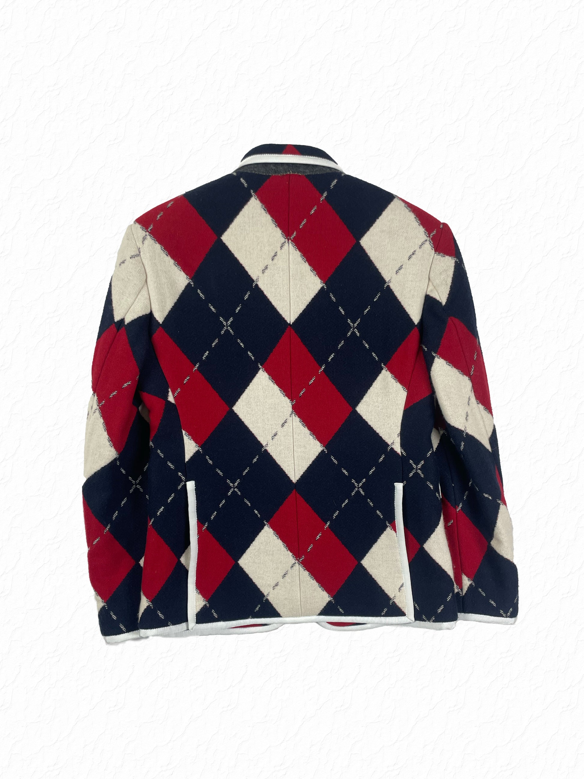 Gold anchor buttons on Thom Browne argyle blazer sleeve