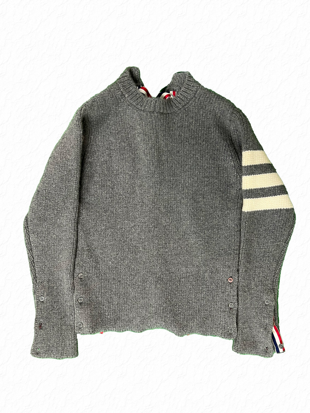 Thom Browne grey cashmere sweater with signature 4-bar family stripe sleeve