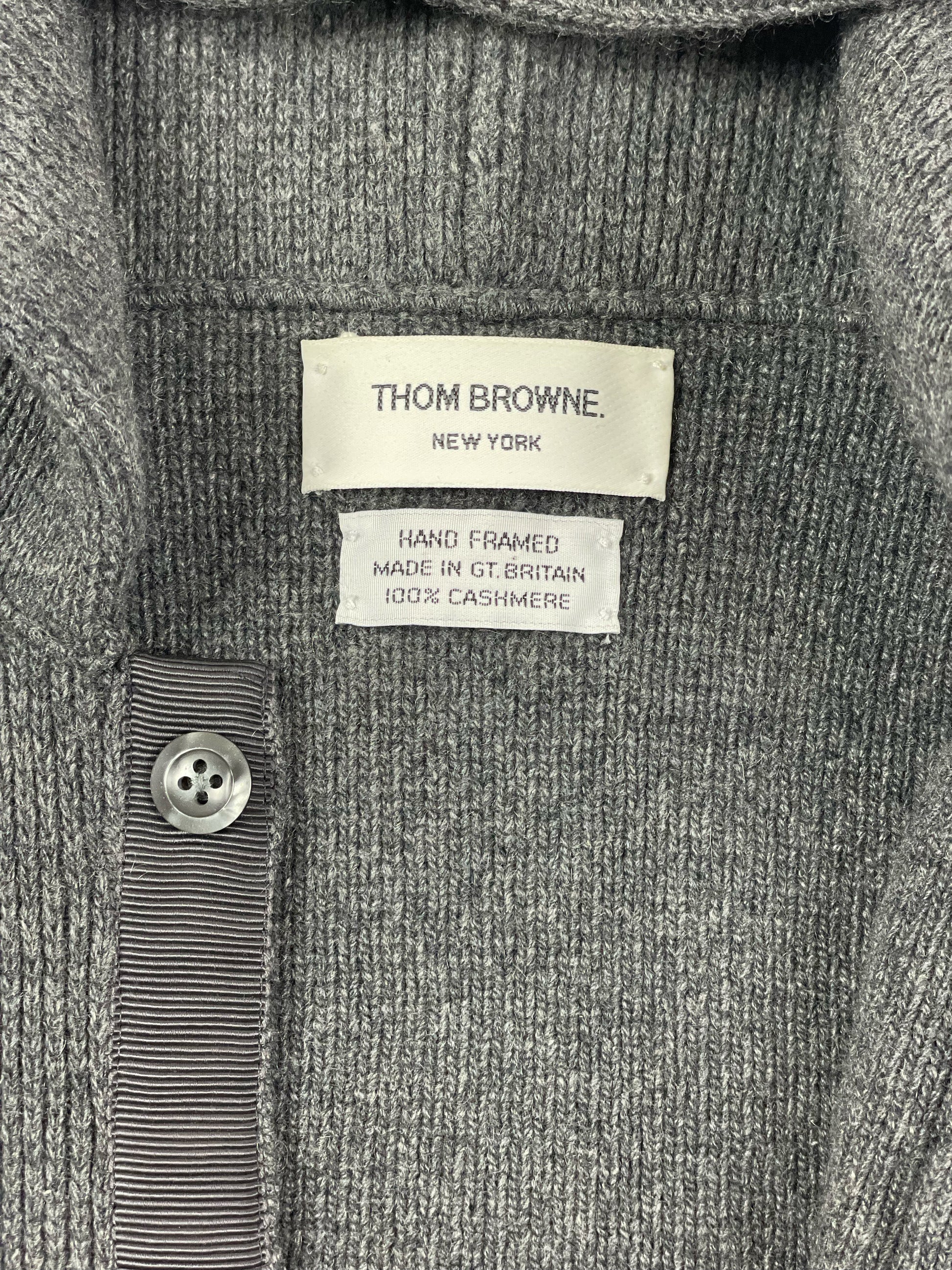 Thom Browne New York knit cardigan in grey cashmere hand framed in Great Britain