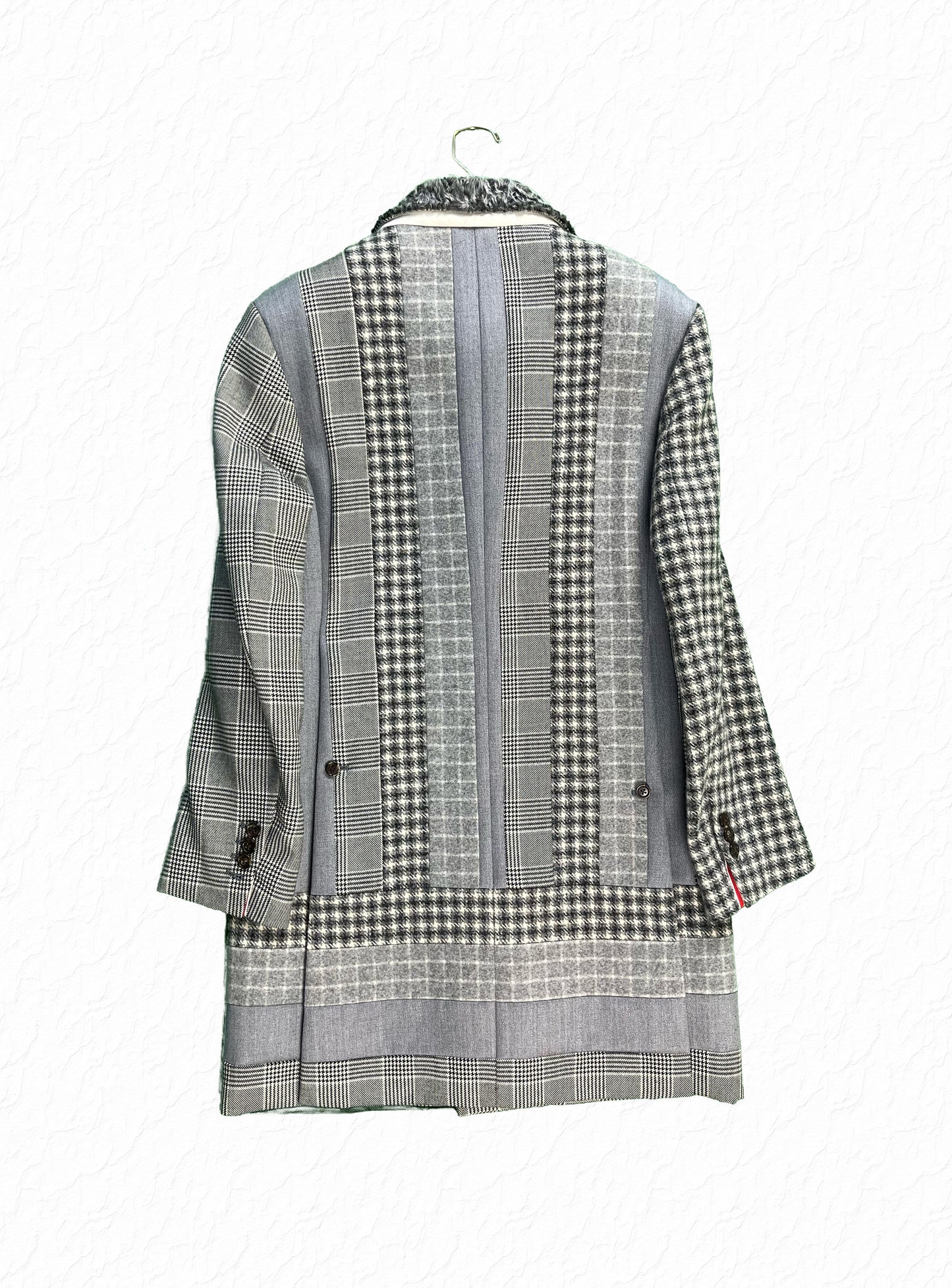 Windowpane and check patchwork Thom Browne overcoat with RWB grosgrain lining