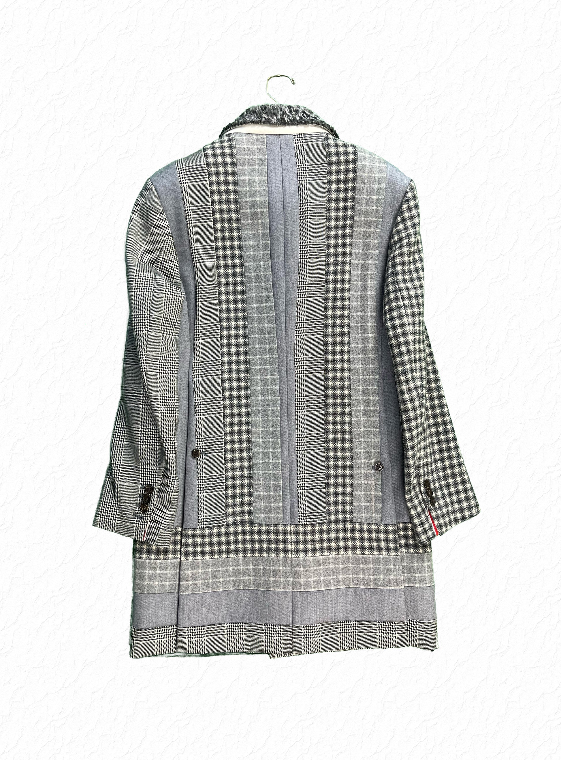 Windowpane and check patchwork Thom Browne overcoat with RWB grosgrain lining