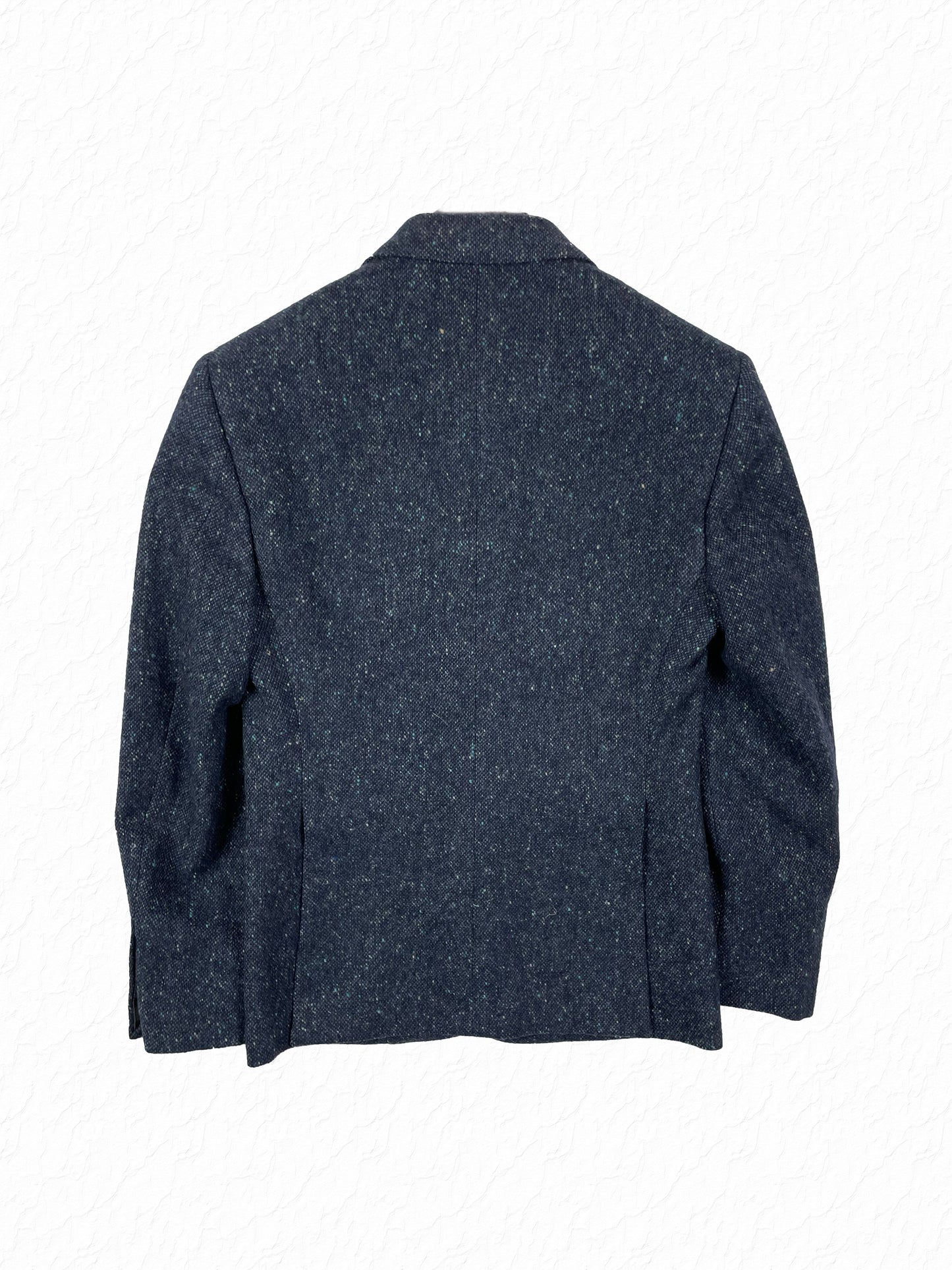 Navy tweed blazer by Thom Browne with buttoned functional cuffs