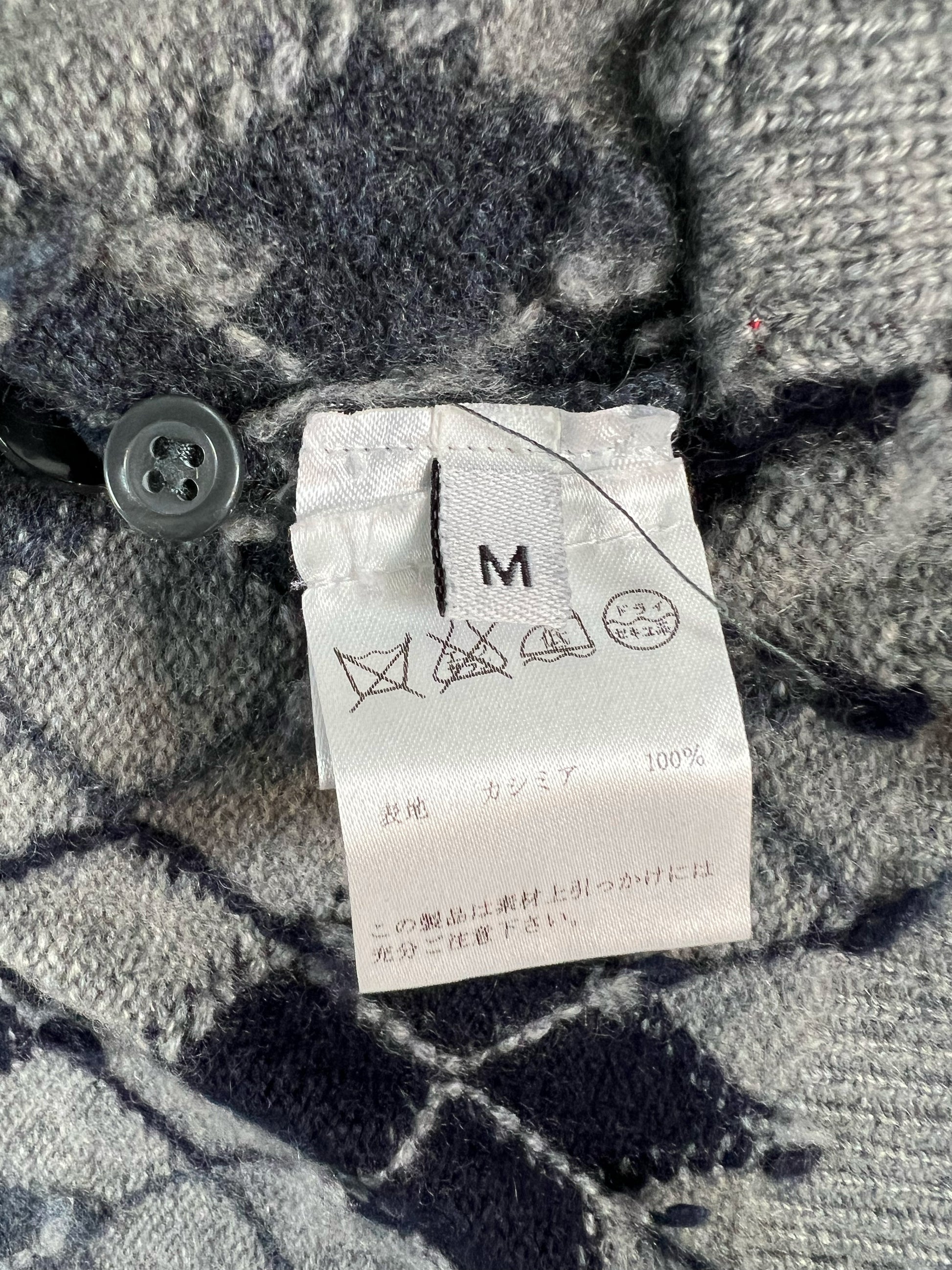 Signature 4-Bar stripe sleeve on grey Thom Browne argyle cardigan