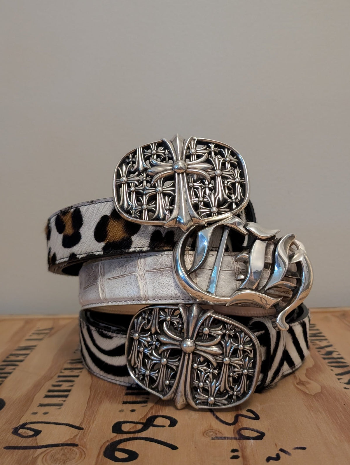 AMAL exotic leather belts with cross buckles