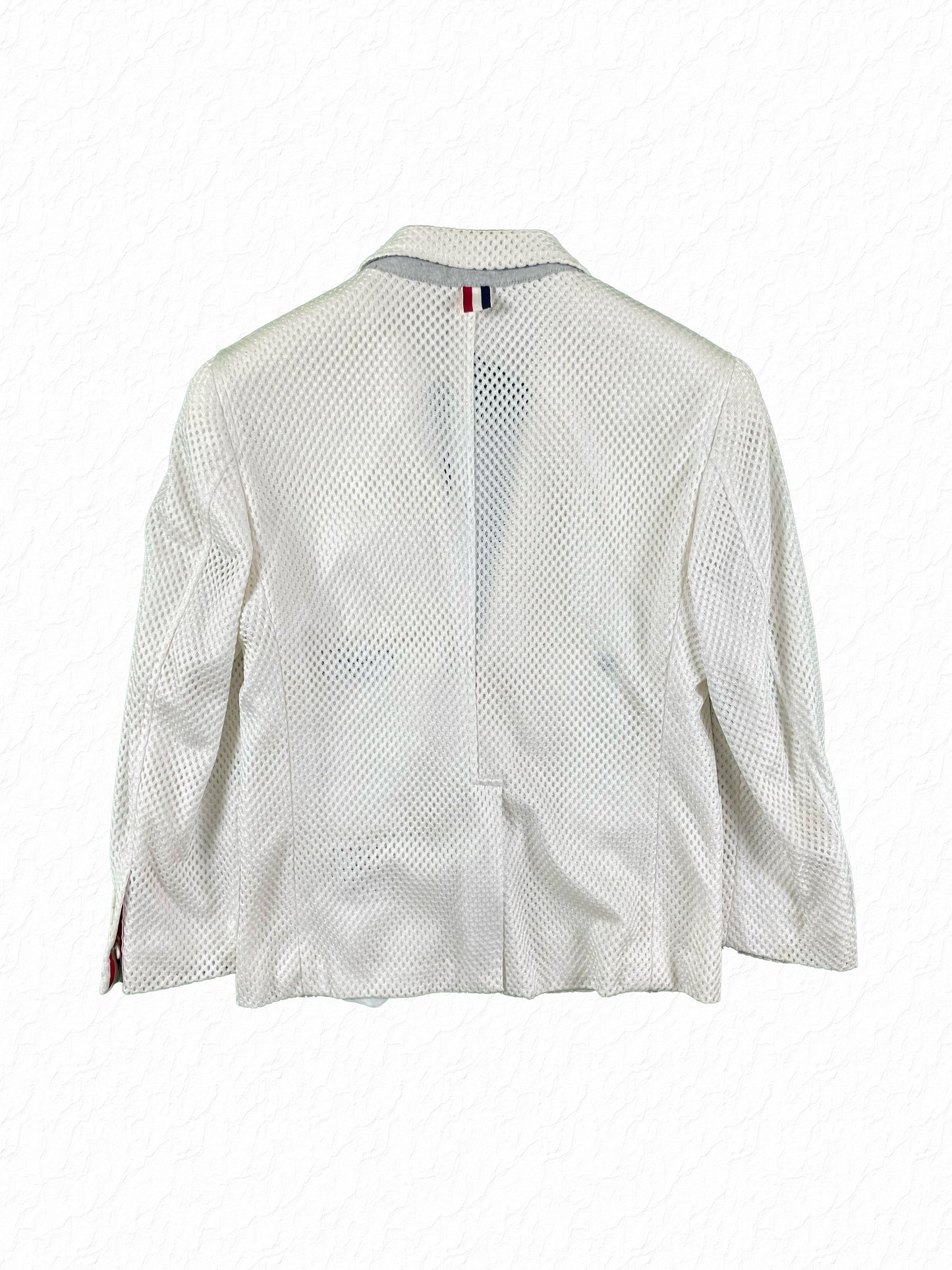 White mesh nylon Thom Browne sport coat with three patch pockets