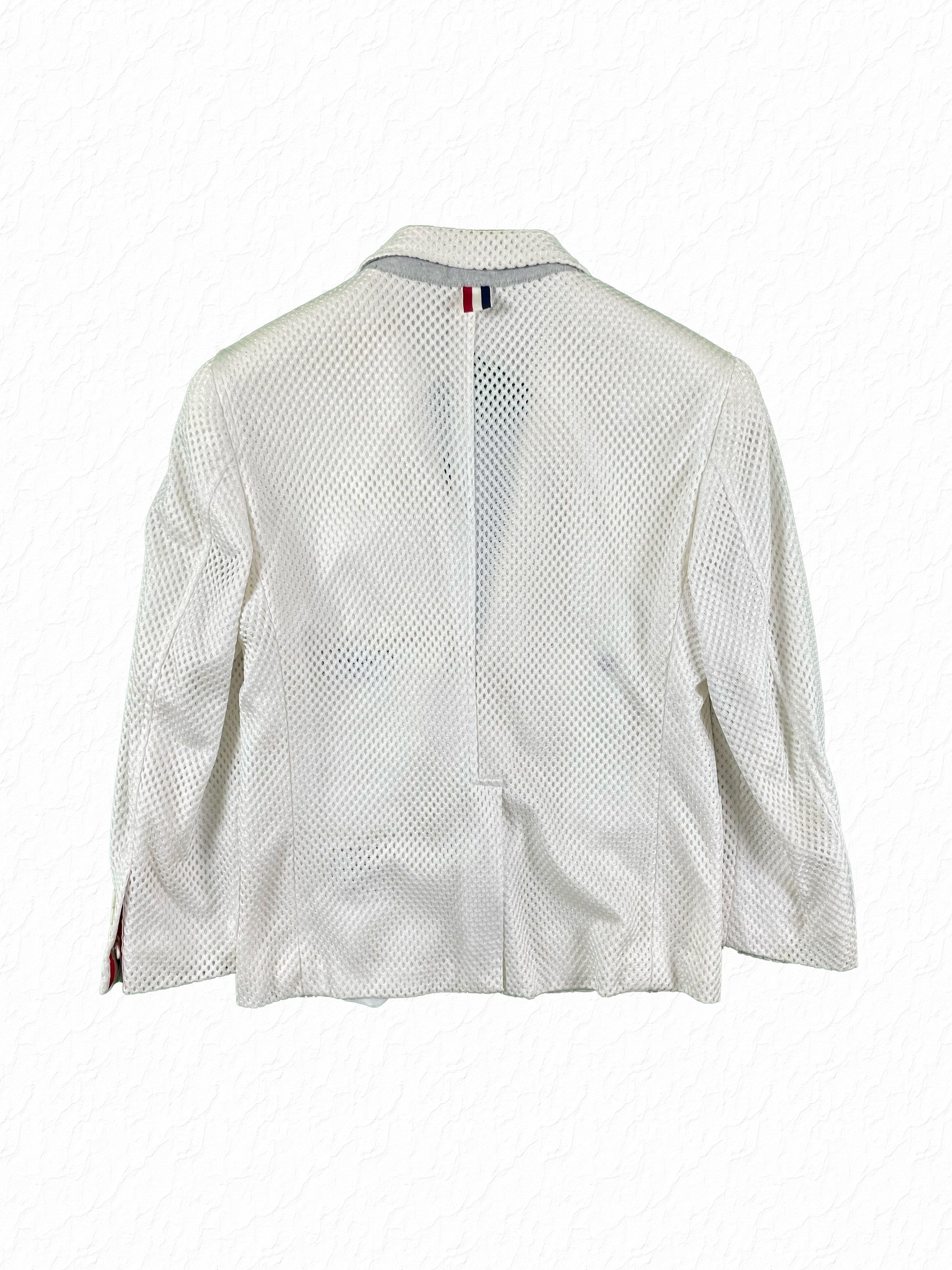 White mesh nylon Thom Browne sport coat with three patch pockets