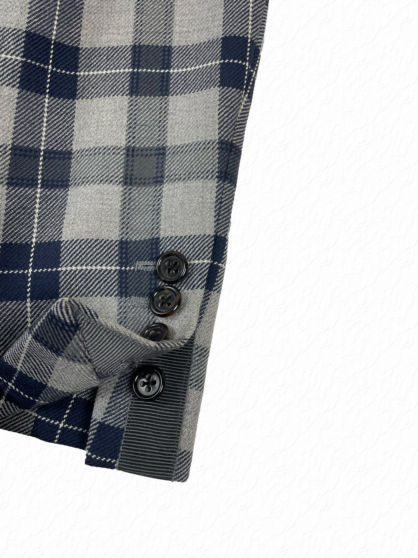 Grey and navy tartan check Thom Browne wool blazer with notch lapel