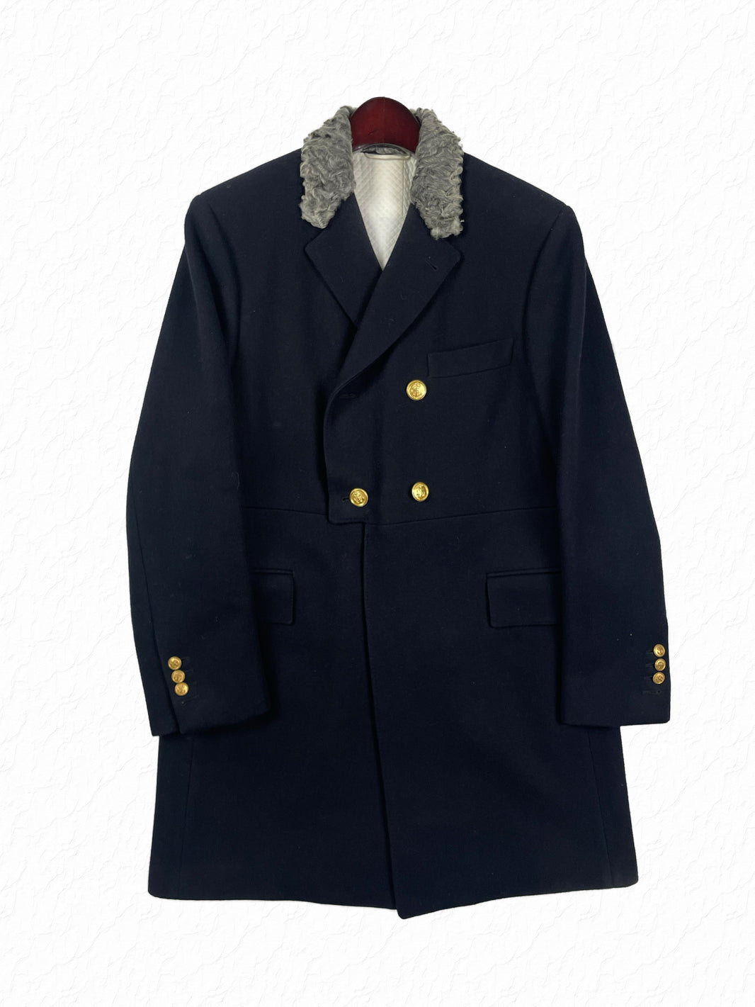 Thom Browne navy wool Chesterfield overcoat with grey astrakhan top collar