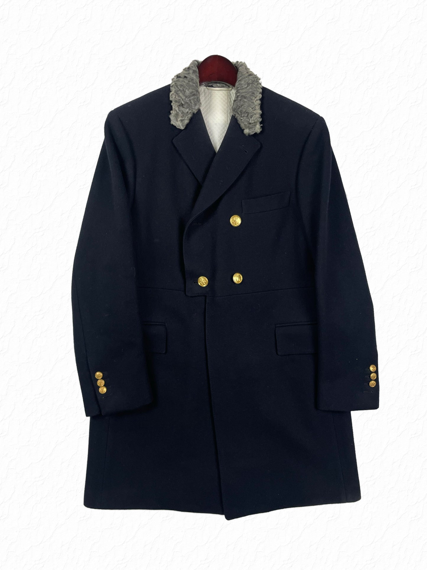 Thom Browne navy wool Chesterfield overcoat with grey astrakhan top collar