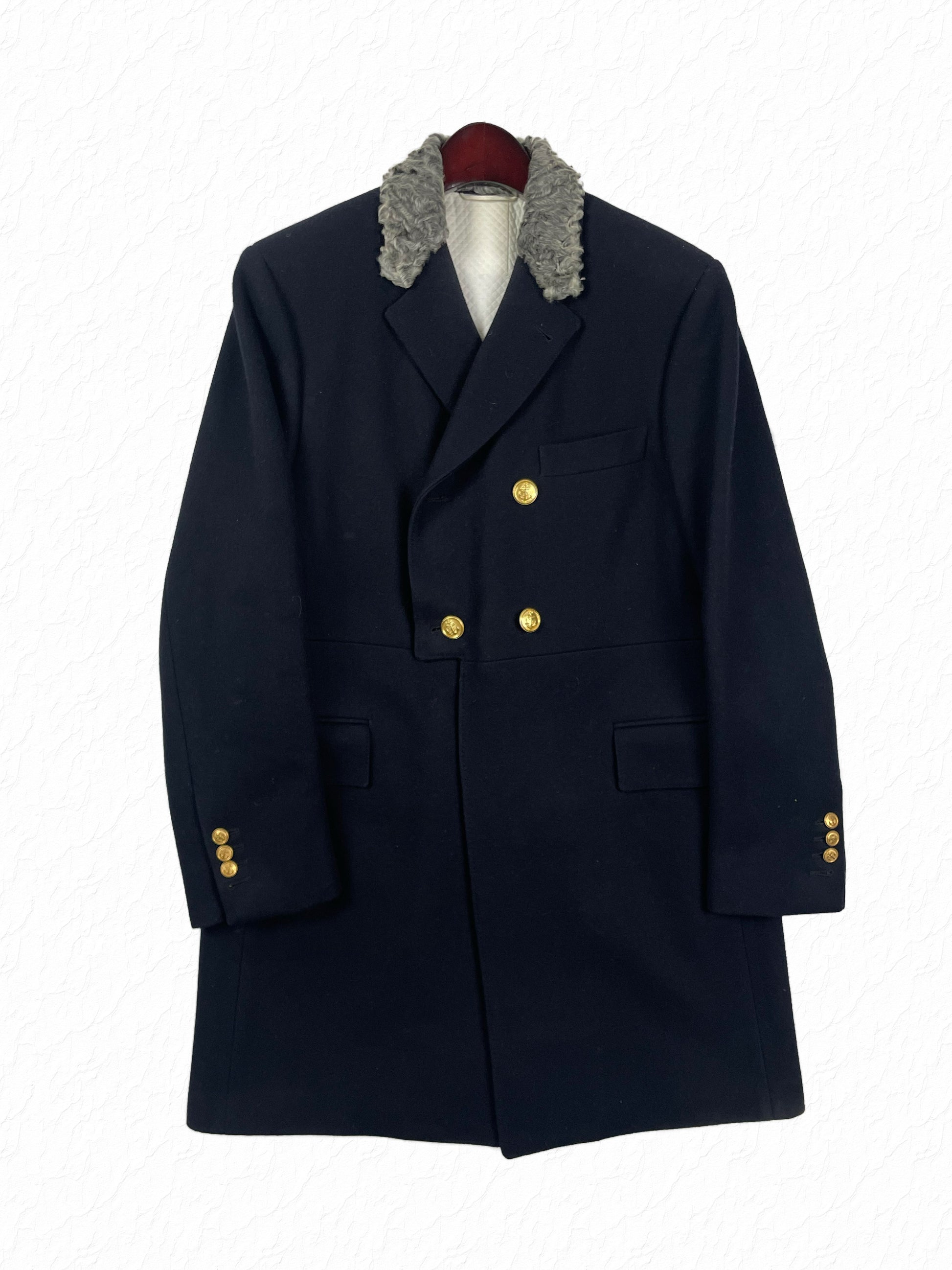 Thom Browne navy wool Chesterfield overcoat with grey astrakhan top collar
