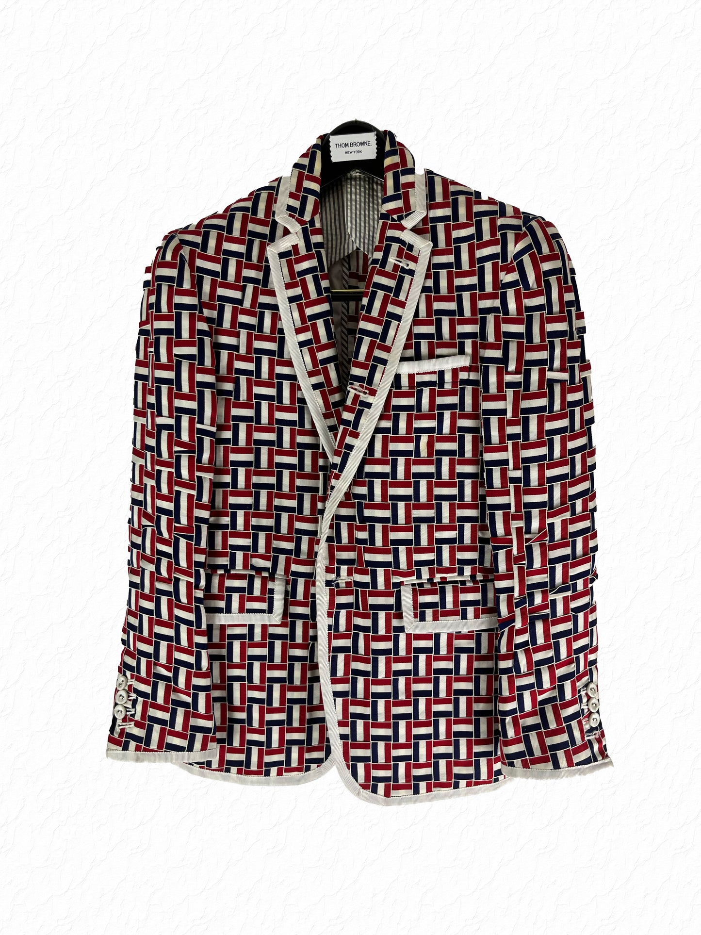 Thom Browne hand woven RWB grosgrain blazer with white piping