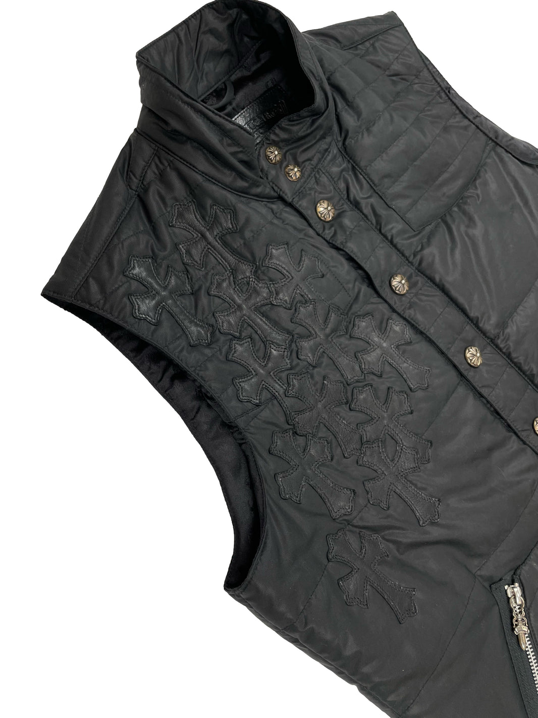 Chrome Hearts Silk-Lined Cross Patch Nylon Button-Up Vest Sterling Silver Hardware