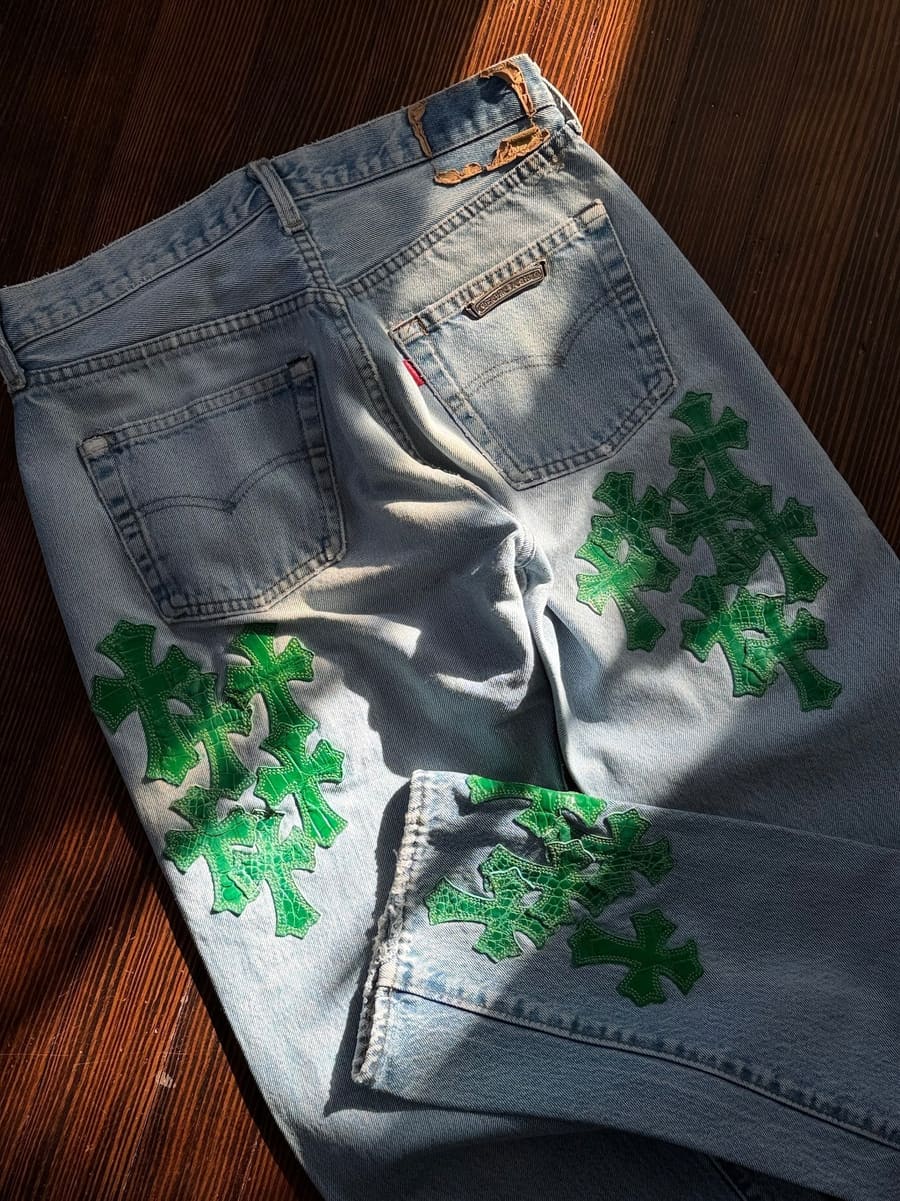 Chrome Hearts green cross patch denim